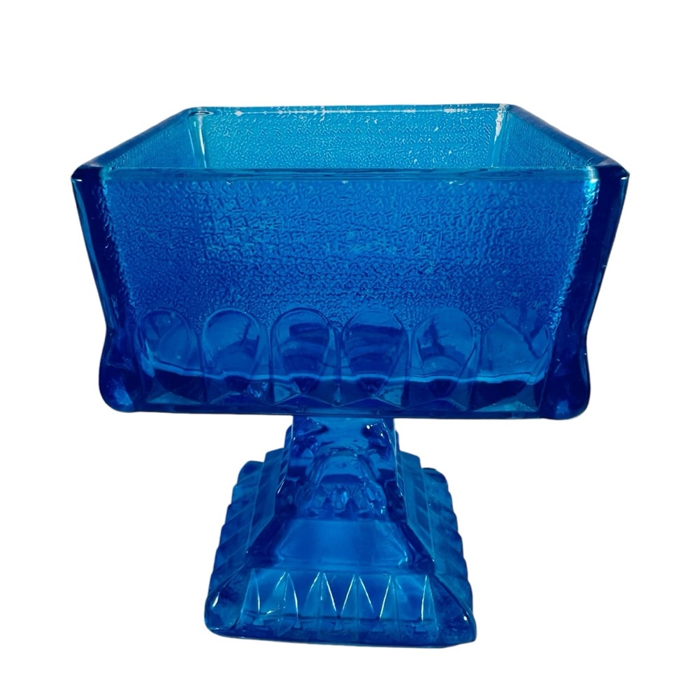 VTG Blue Glass Pedestal Jeanette ? Square Candy Nut Dish Wedding Box 4.5”